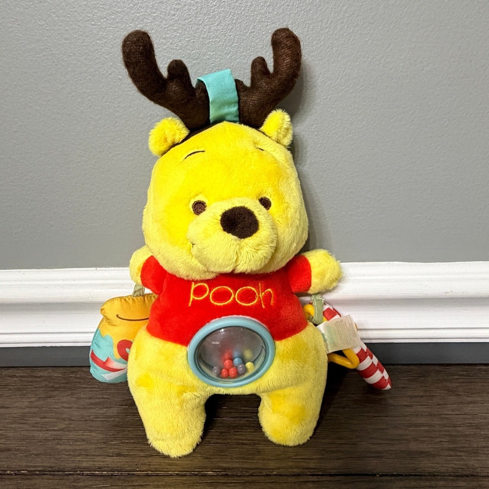 Disney Baby Winnie the Pooh Reindeer Christmas Plush Rattle Activity Toy Holiday